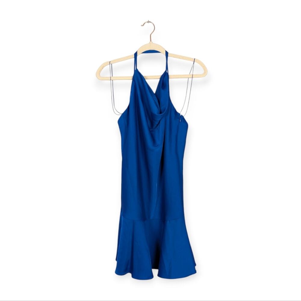 Aidan Mattox Mini Dress 14 Marine Blue Satin Cowl Neck Cocktail Elegant